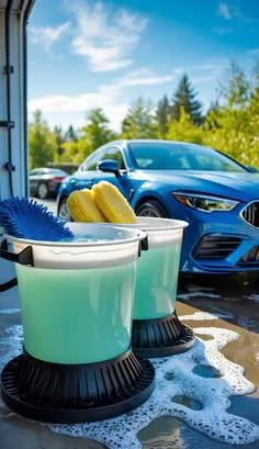 Wash buckets with soapy water next to a blue car