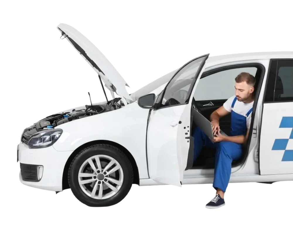 LIFT technician checking a white car with the bonnet open