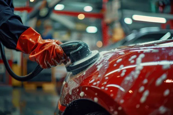 Detailer polishing the paint of a red car covered in water beads