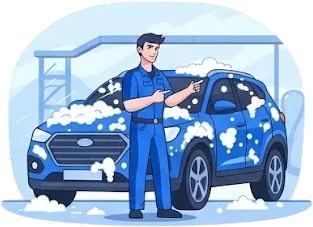 Illustration of a LIFT technician caring for a blue car