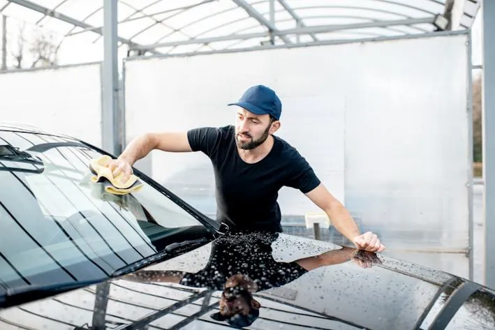 Detailer cleaning a windshield